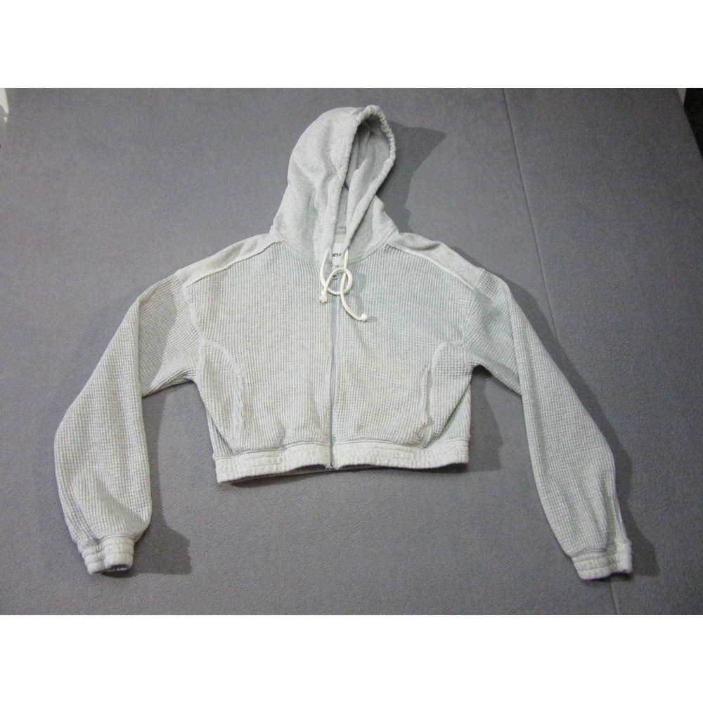 Aerie Hoodie Womens Small Gray Waffle Knit Cropped  Oversize Full Zip Drawstring